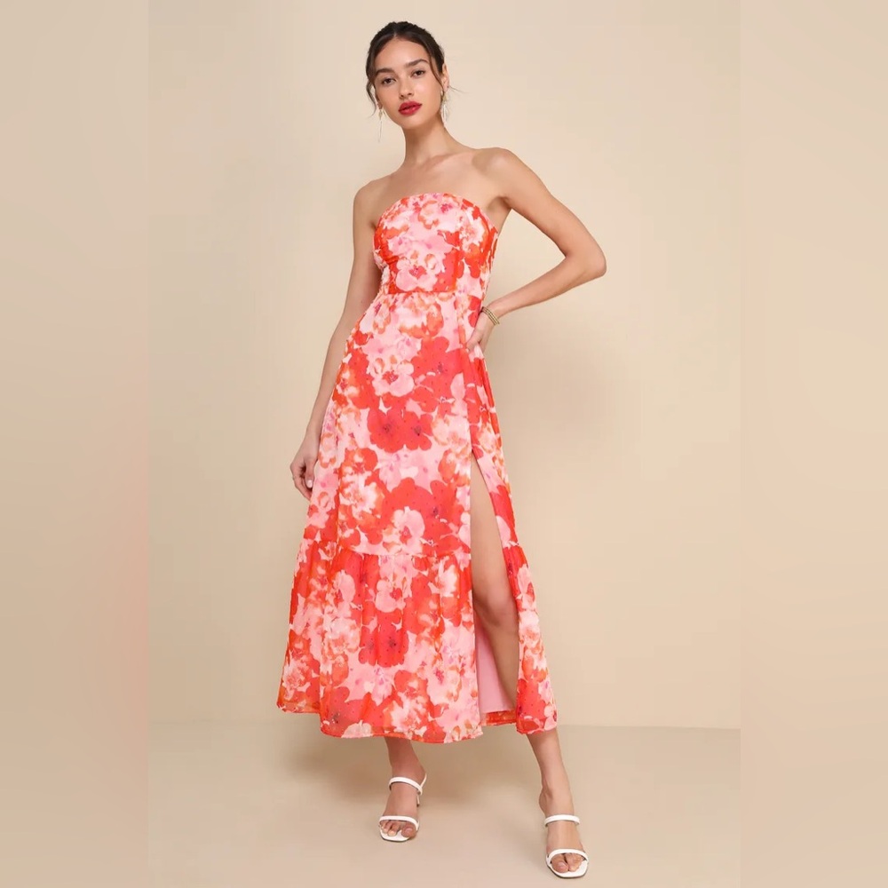 Lulu's Bright Perspective Orange and Pink Floral Strapless Midi Dress